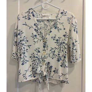 LUQ Floral V-Neck Front Tie Button Blouse